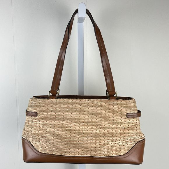 Etienne Aigner Handbag Purse Shoulder Bag Straw Jute Faux Leather 14 x 8 - Flaw - Picture 7 of 10